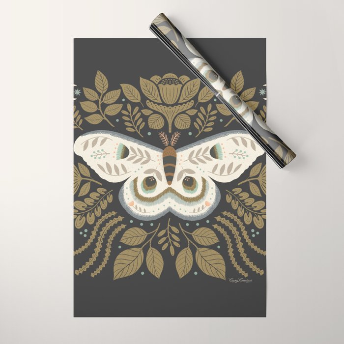 Folk Art Moth - Black Wrapping Paper Gallery Image 1