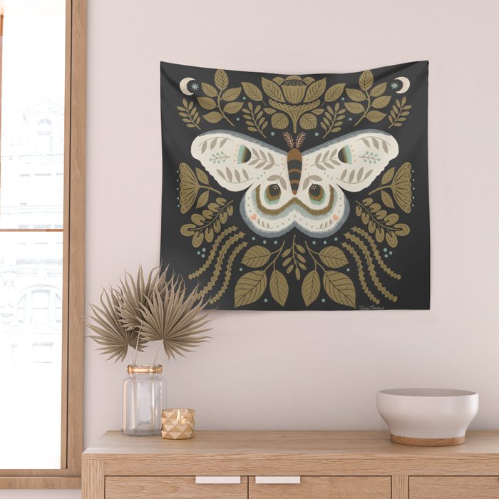 Folk Art Moth - Black Wall Tapestry Gallery Image 2