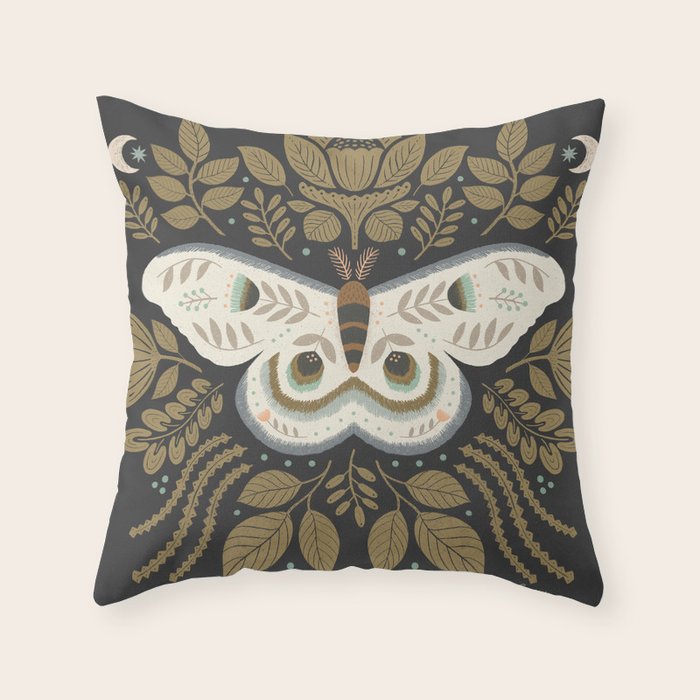 Folk Art Moth - Black Throw Pillow Gallery Image 1