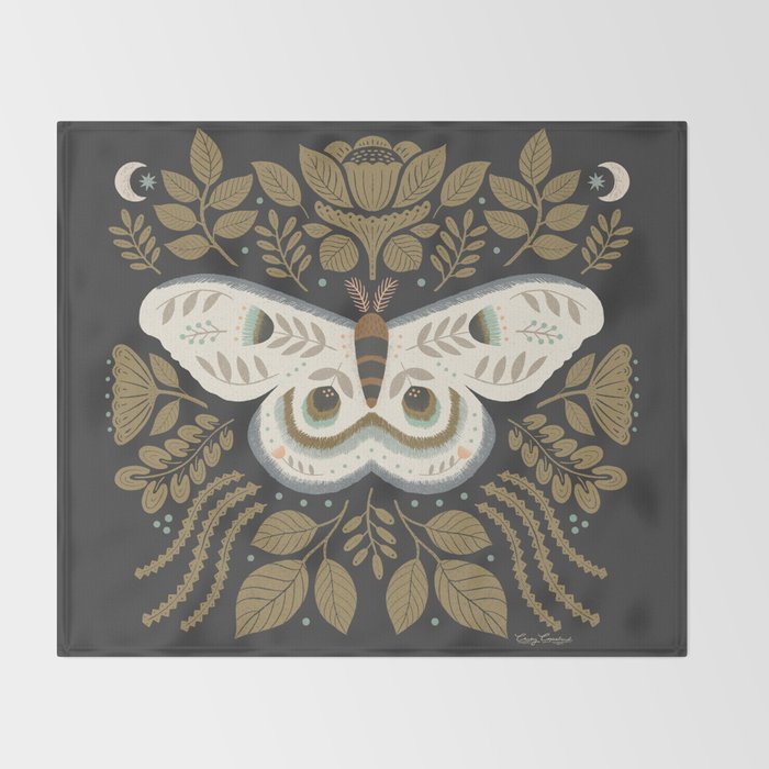 Folk Art Moth - Black Throw Blanket Gallery Image 2