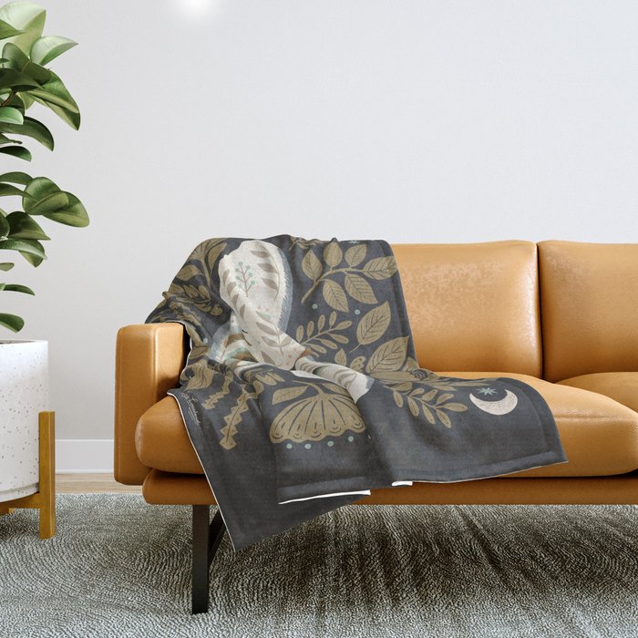 Folk Art Moth - Black Throw Blanket Gallery Image 1