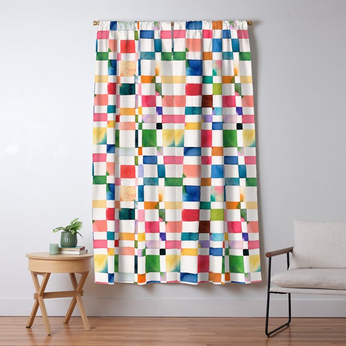 Modern watercolor checker Multicolored Spring Geometric Window Curtain Gallery Image 1