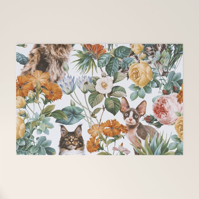 Cat and Floral Pattern III Welcome Mat Gallery Image 1