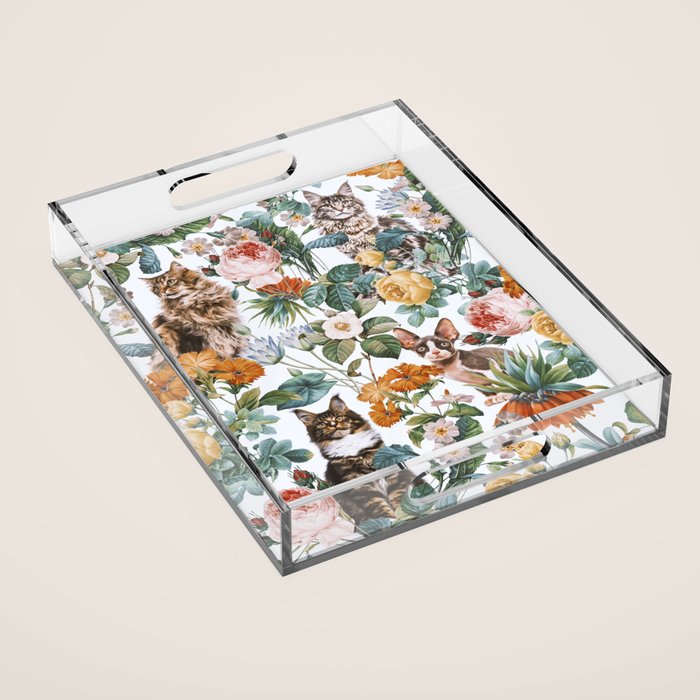 Cat and Floral Pattern III Acrylic Tray Gallery Image 1