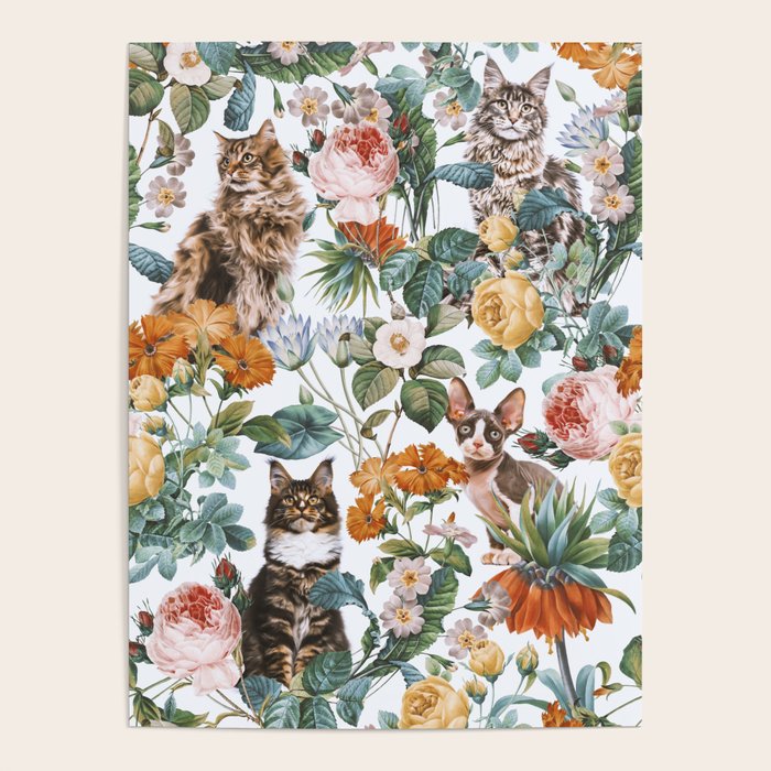 Cat and Floral Pattern III Poster Gallery Image 1