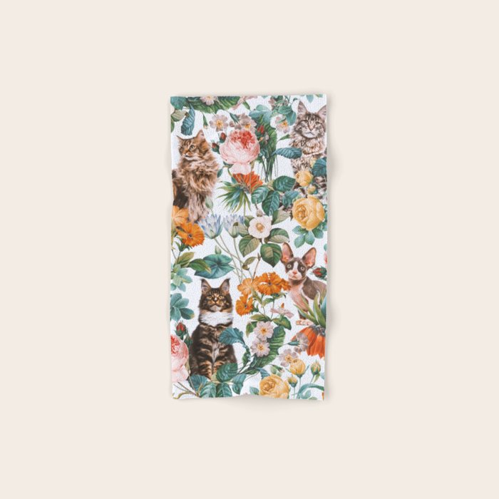 Cat and Floral Pattern III Hand & Bath Towel Gallery Image 1