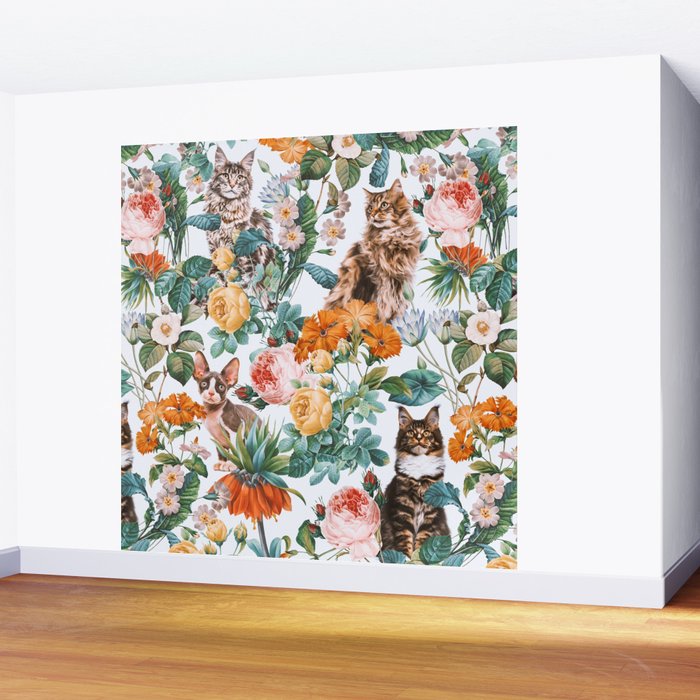Cat and Floral Pattern III Wall Mural Gallery Image 2