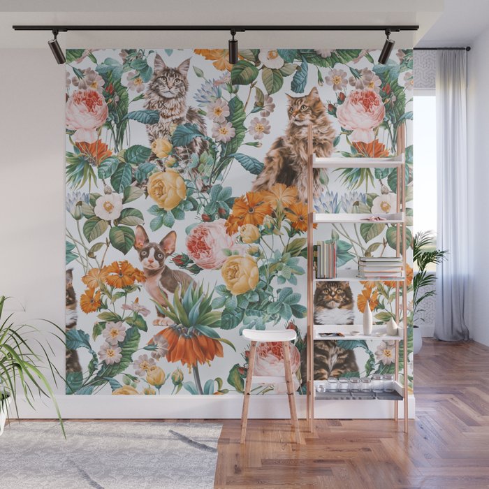 Cat and Floral Pattern III Wall Mural Gallery Image 1
