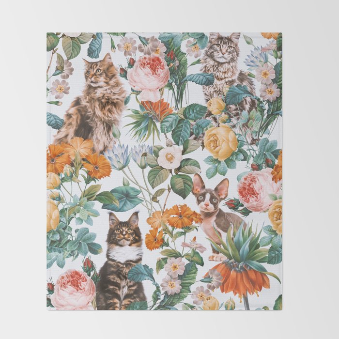Cat and Floral Pattern III Throw Blanket Gallery Image 2