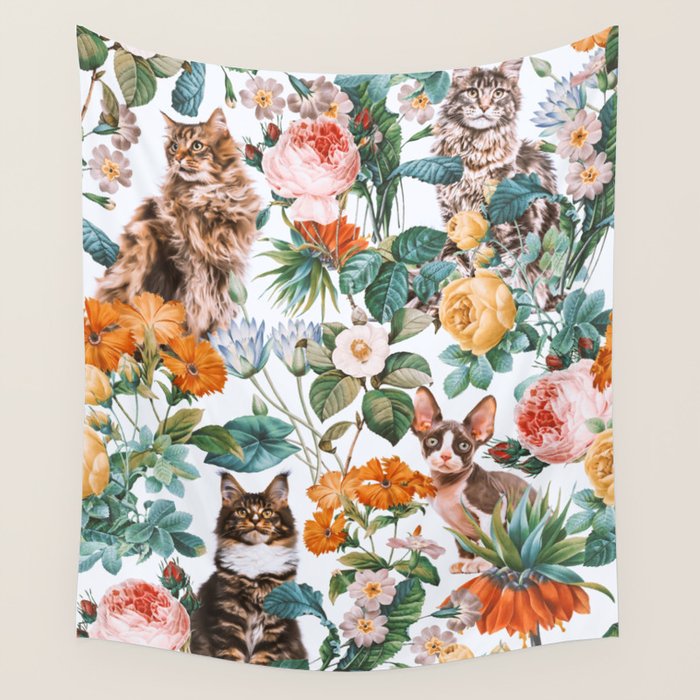 Cat and Floral Pattern III Wall Tapestry Gallery Image 4