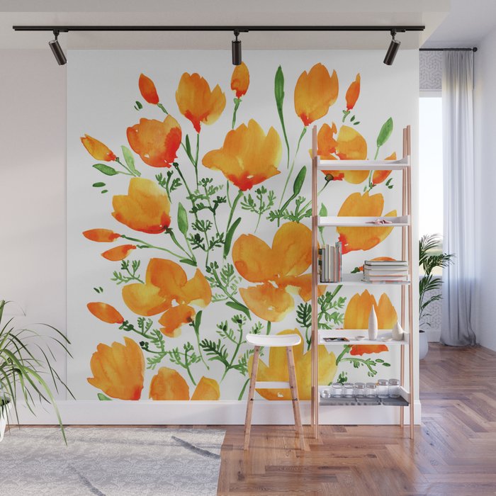 Watercolor California poppies Wall Mural Gallery Image 1