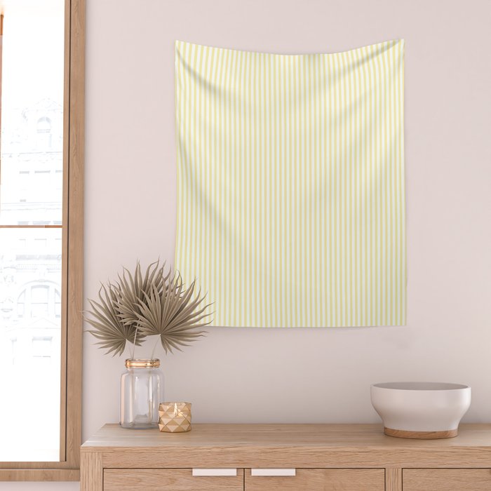 Fine Stripes Narrow Vertical Stripe Pattern in Light Butter Yellow and White Wall Tapestry Gallery Image 2