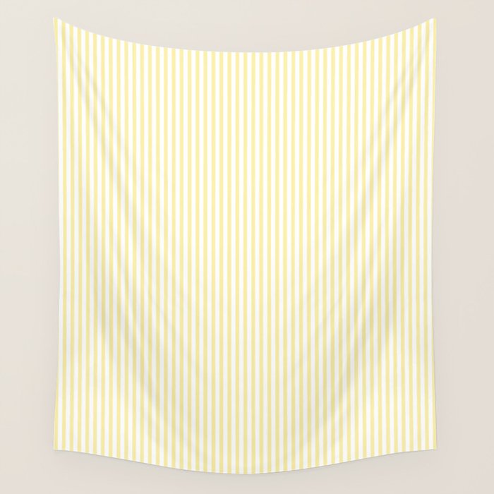 Fine Stripes Narrow Vertical Stripe Pattern in Light Butter Yellow and White Wall Tapestry Gallery Image 1