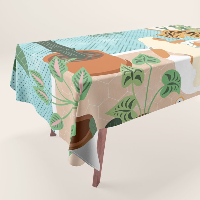 Urban Jungle Illustration, Tiger Home Decor, Woman & Modern Bohemian Wildlife Painting Tablecloth Gallery Image 1