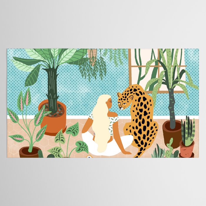 Urban Jungle Illustration, Tiger Home Decor, Woman & Modern Bohemian Wildlife Painting Tablecloth Gallery Image 2