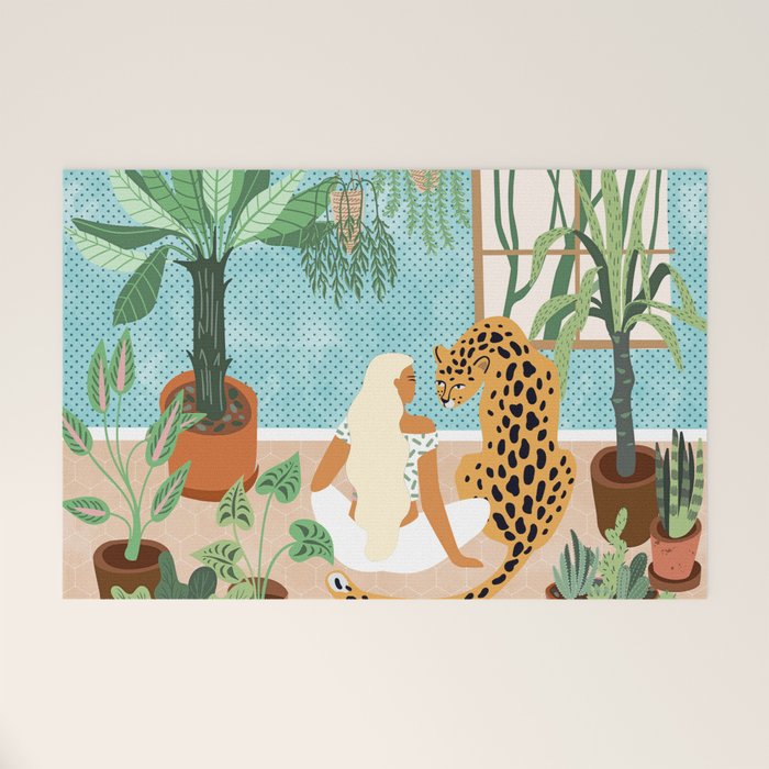 Urban Jungle Illustration, Tiger Home Decor, Woman & Modern Bohemian Wildlife Painting Welcome Mat Gallery Image 1