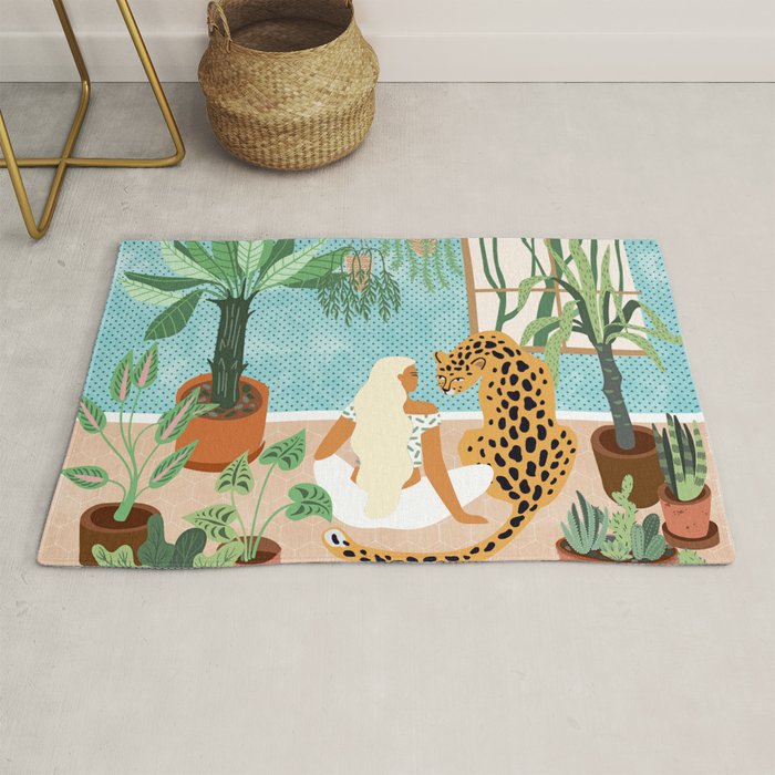 Urban Jungle Illustration, Tiger Home Decor, Woman & Modern Bohemian Wildlife Painting Rug Gallery Image 1