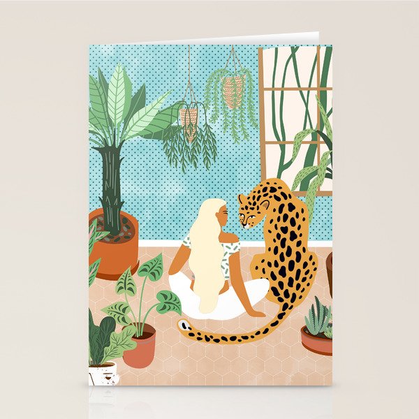Urban Jungle Illustration, Tiger Home Decor, Woman & Modern Bohemian Wildlife Painting Stationery Card Gallery Image 2