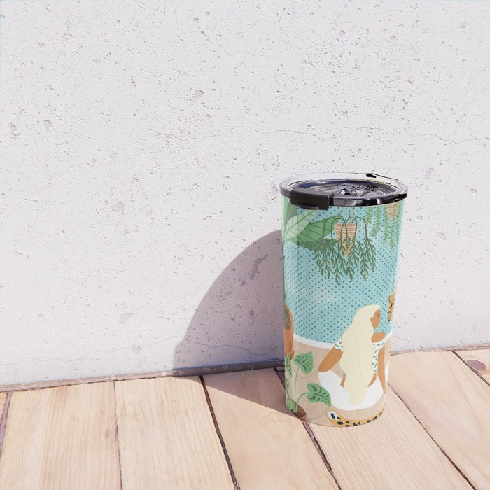Urban Jungle Illustration, Tiger Home Decor, Woman & Modern Bohemian Wildlife Painting Travel Mug Gallery Image 4