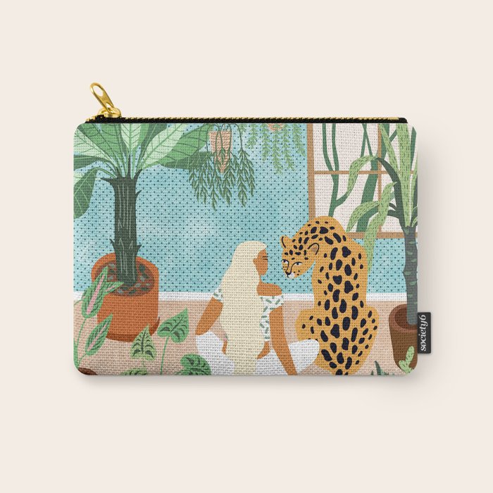 Urban Jungle Illustration, Tiger Home Decor, Woman & Modern Bohemian Wildlife Painting Carry All Pouch Gallery Image 1