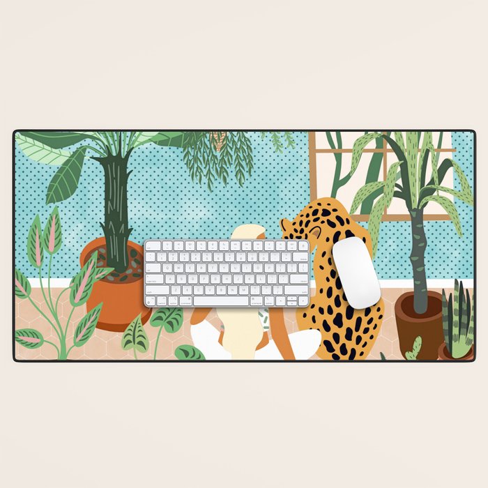 Urban Jungle Illustration, Tiger Home Decor, Woman & Modern Bohemian Wildlife Painting Desk Mat Gallery Image 1