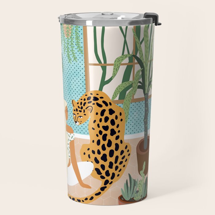 Urban Jungle Illustration, Tiger Home Decor, Woman & Modern Bohemian Wildlife Painting Travel Mug Gallery Image 2