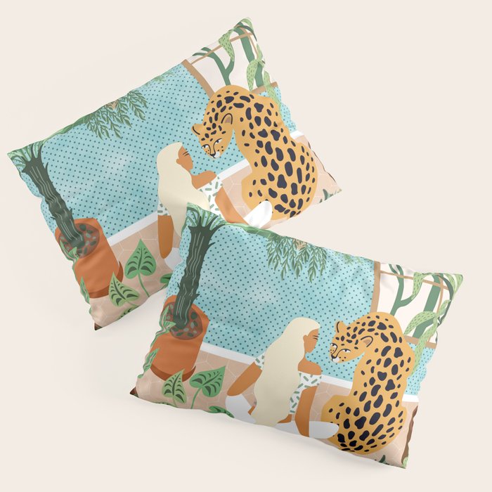Urban Jungle Illustration, Tiger Home Decor, Woman & Modern Bohemian Wildlife Painting Pillow Sham Gallery Image 3