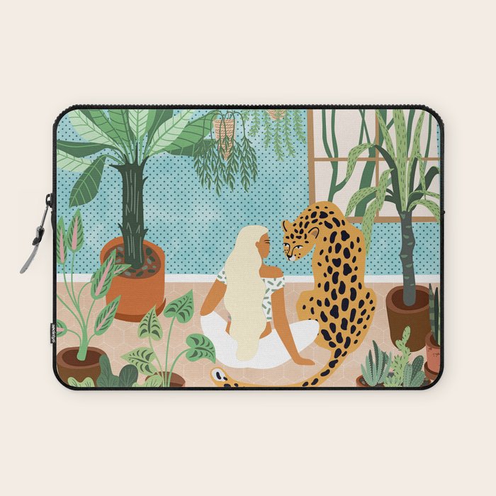 Urban Jungle Illustration, Tiger Home Decor, Woman & Modern Bohemian Wildlife Painting Laptop Sleeve Gallery Image 1