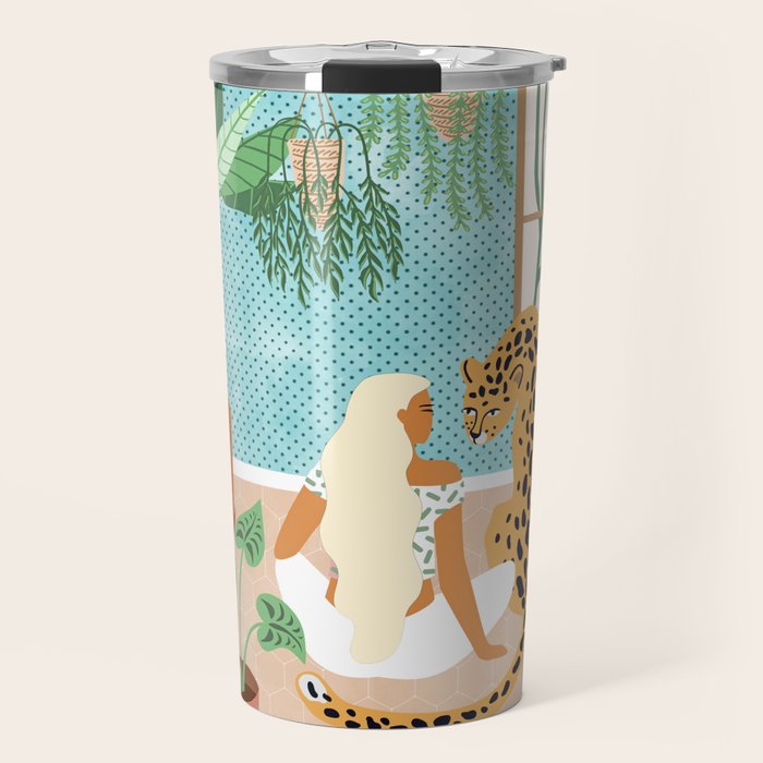 Urban Jungle Illustration, Tiger Home Decor, Woman & Modern Bohemian Wildlife Painting Travel Mug Gallery Image 1