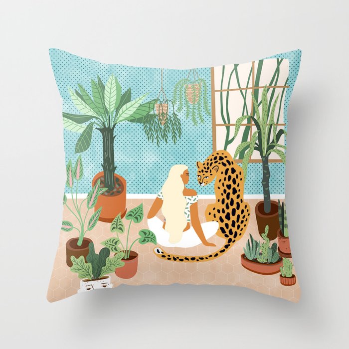 Urban Jungle Illustration, Tiger Home Decor, Woman & Modern Bohemian Wildlife Painting Throw Pillow Gallery Image 6