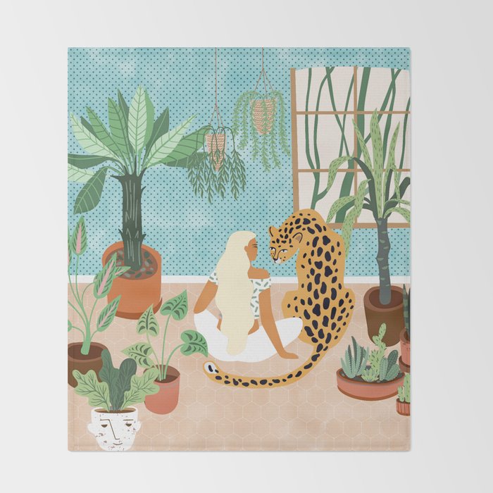 Urban Jungle Illustration, Tiger Home Decor, Woman & Modern Bohemian Wildlife Painting Throw Blanket Gallery Image 2
