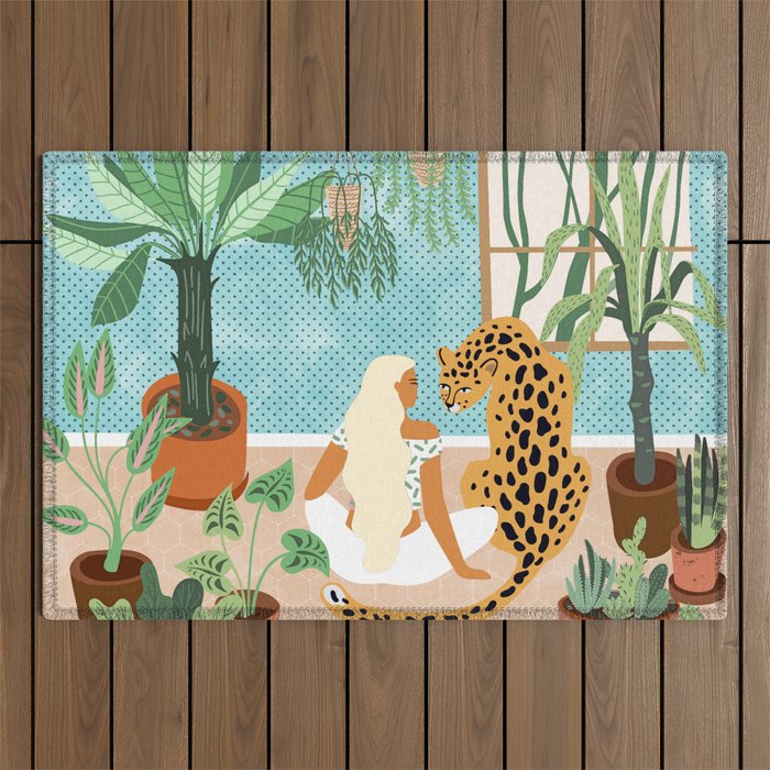 Urban Jungle Illustration, Tiger Home Decor, Woman & Modern Bohemian Wildlife Painting Outdoor Rug Gallery Image 1