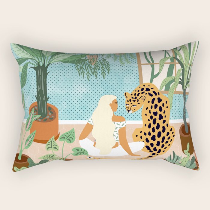 Urban Jungle Illustration, Tiger Home Decor, Woman & Modern Bohemian Wildlife Painting Rectangular Pillow Gallery Image 2