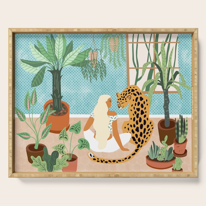 Urban Jungle Illustration, Tiger Home Decor, Woman & Modern Bohemian Wildlife Painting Serving Tray Gallery Image 1