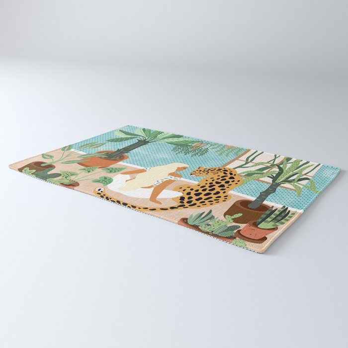 Urban Jungle Illustration, Tiger Home Decor, Woman & Modern Bohemian Wildlife Painting Rug Gallery Image 3