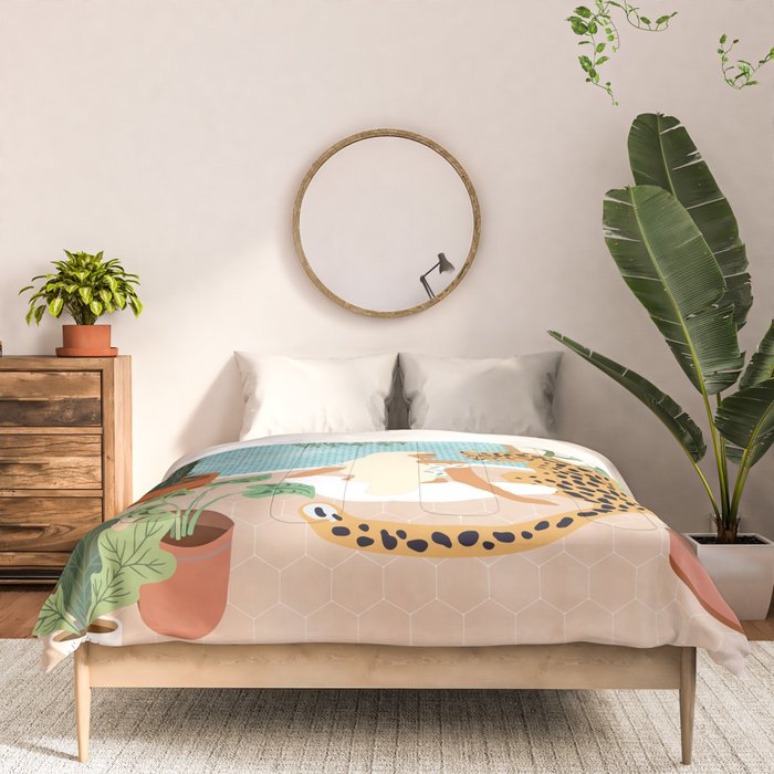 Urban Jungle Illustration, Tiger Home Decor, Woman & Modern Bohemian Wildlife Painting Comforter Gallery Image 3