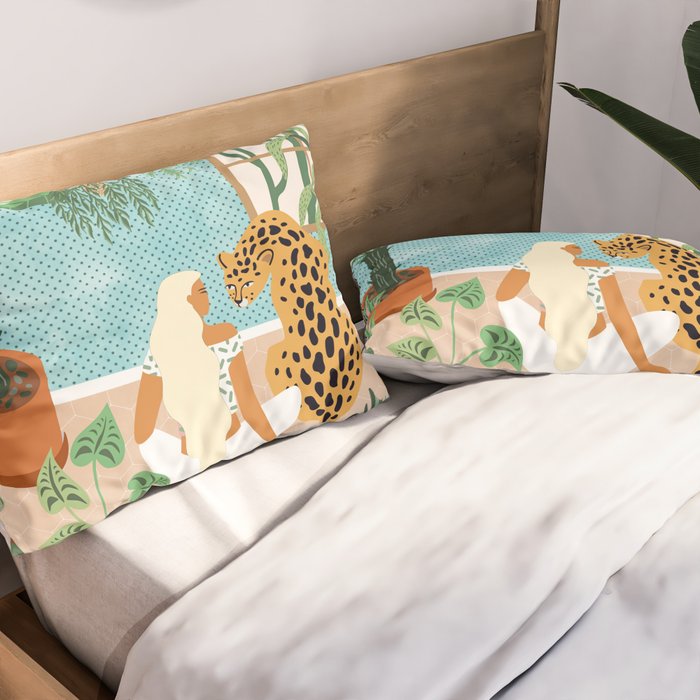 Urban Jungle Illustration, Tiger Home Decor, Woman & Modern Bohemian Wildlife Painting Pillow Sham Gallery Image 2