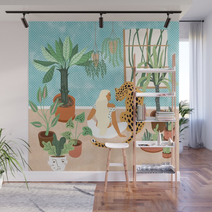 Urban Jungle Illustration, Tiger Home Decor, Woman & Modern Bohemian Wildlife Painting Wall Mural Gallery Image 1