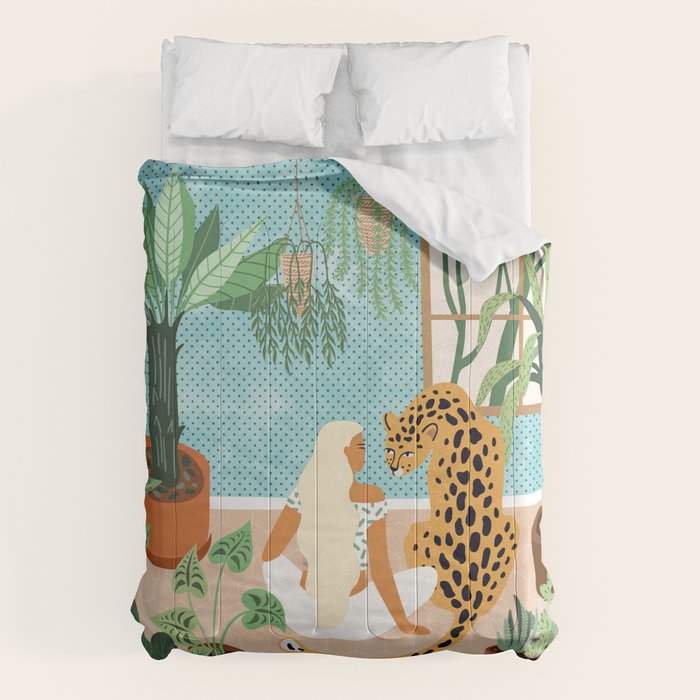 Urban Jungle Illustration, Tiger Home Decor, Woman & Modern Bohemian Wildlife Painting Comforter Gallery Image 1