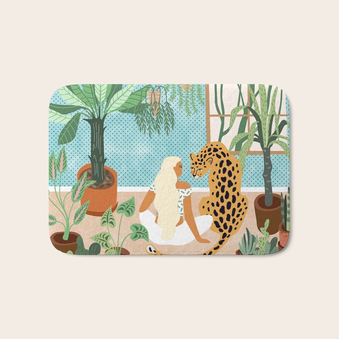 Urban Jungle Illustration, Tiger Home Decor, Woman & Modern Bohemian Wildlife Painting Bath Mat Gallery Image 1