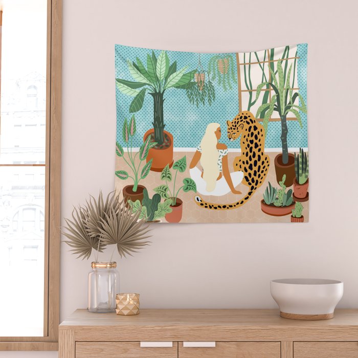 Urban Jungle Illustration, Tiger Home Decor, Woman & Modern Bohemian Wildlife Painting Wall Tapestry Gallery Image 2