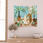 Urban Jungle Illustration, Tiger Home Decor, Woman & Modern Bohemian Wildlife Painting Wall Tapestry Gallery Image 2
