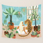 Urban Jungle Illustration, Tiger Home Decor, Woman & Modern Bohemian Wildlife Painting Wall Tapestry Gallery Image 4