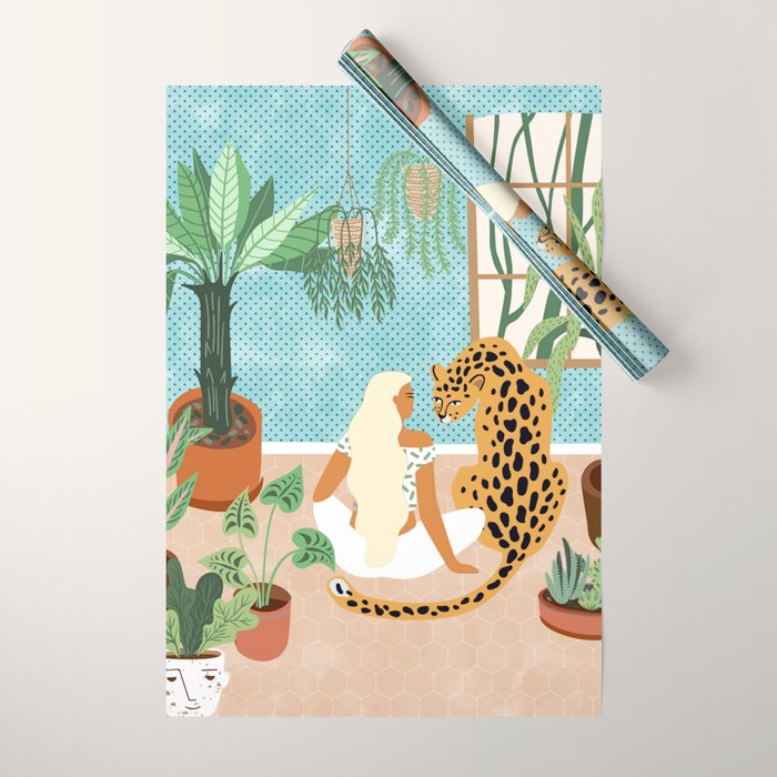 Urban Jungle Illustration, Tiger Home Decor, Woman & Modern Bohemian Wildlife Painting Wrapping Paper Gallery Image 1