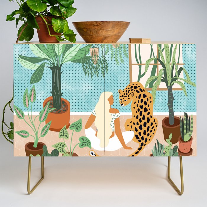 Urban Jungle Illustration, Tiger Home Decor, Woman & Modern Bohemian Wildlife Painting Credenza Gallery Image 1