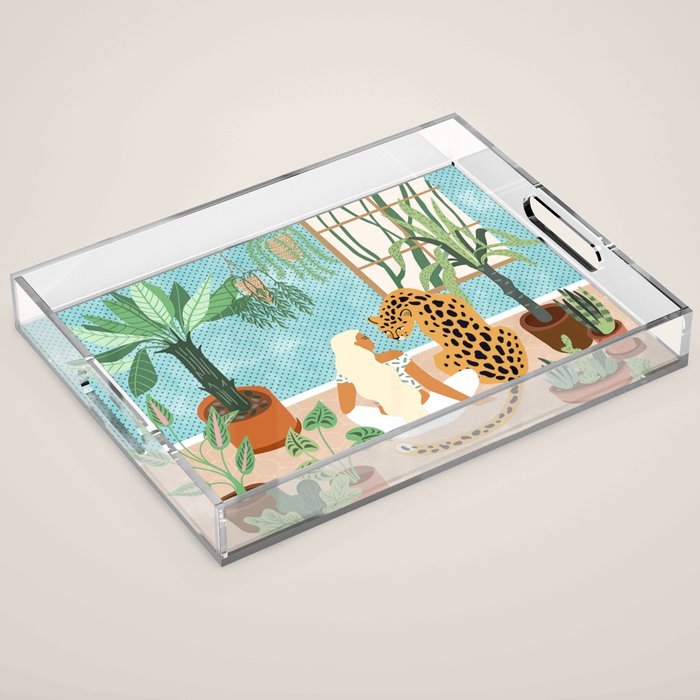 Urban Jungle Illustration, Tiger Home Decor, Woman & Modern Bohemian Wildlife Painting Acrylic Tray Gallery Image 1