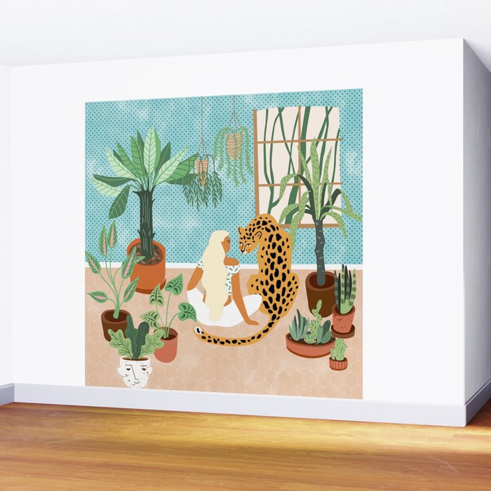 Urban Jungle Illustration, Tiger Home Decor, Woman & Modern Bohemian Wildlife Painting Wall Mural Gallery Image 2