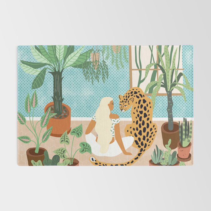 Urban Jungle Illustration, Tiger Home Decor, Woman & Modern Bohemian Wildlife Painting Rug Gallery Image 2