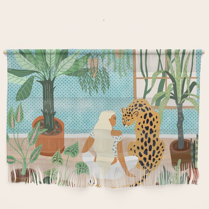 Urban Jungle Illustration, Tiger Home Decor, Woman & Modern Bohemian Wildlife Painting Wall Hanging Gallery Image 1