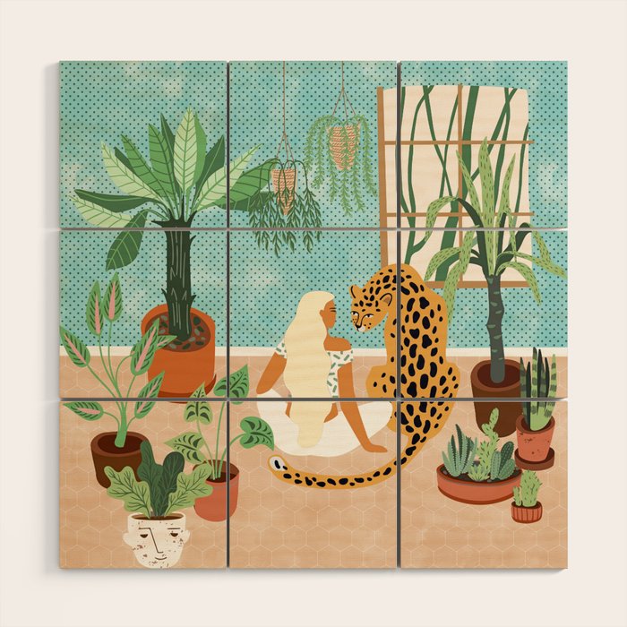 Urban Jungle Illustration, Tiger Home Decor, Woman & Modern Bohemian Wildlife Painting Wood Wall Art Gallery Image 1